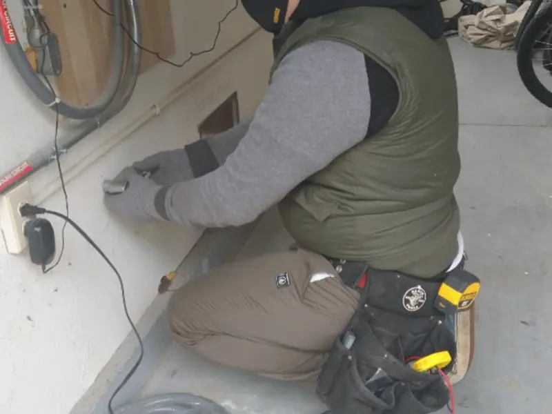Electrician performing outlet wiring in a Sunapee garage